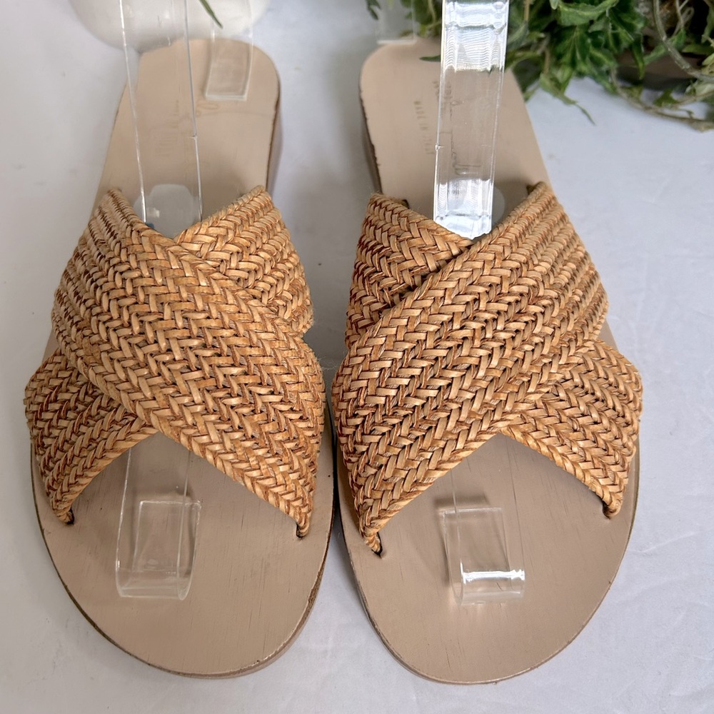 Mila Paoli Crisscross Open Toe Raffia Wedge Slide Sandals. Size 6.5.